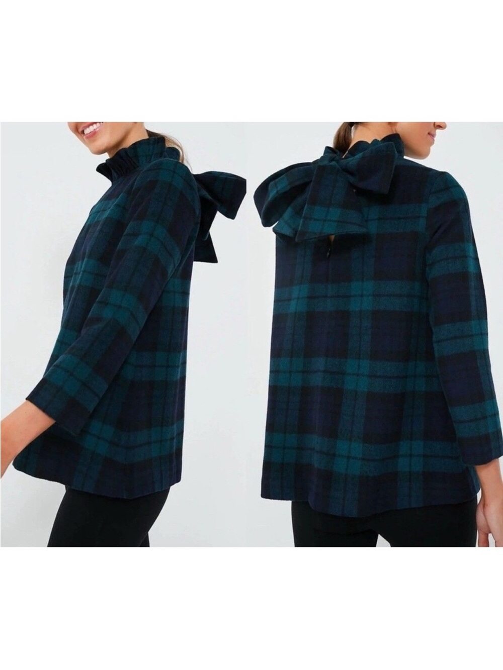Tuckernuck Faye Wool Green & Navy Plaid Ruffle Neck Loose Fit Lined Lux Blouse - Picture 4 of 6